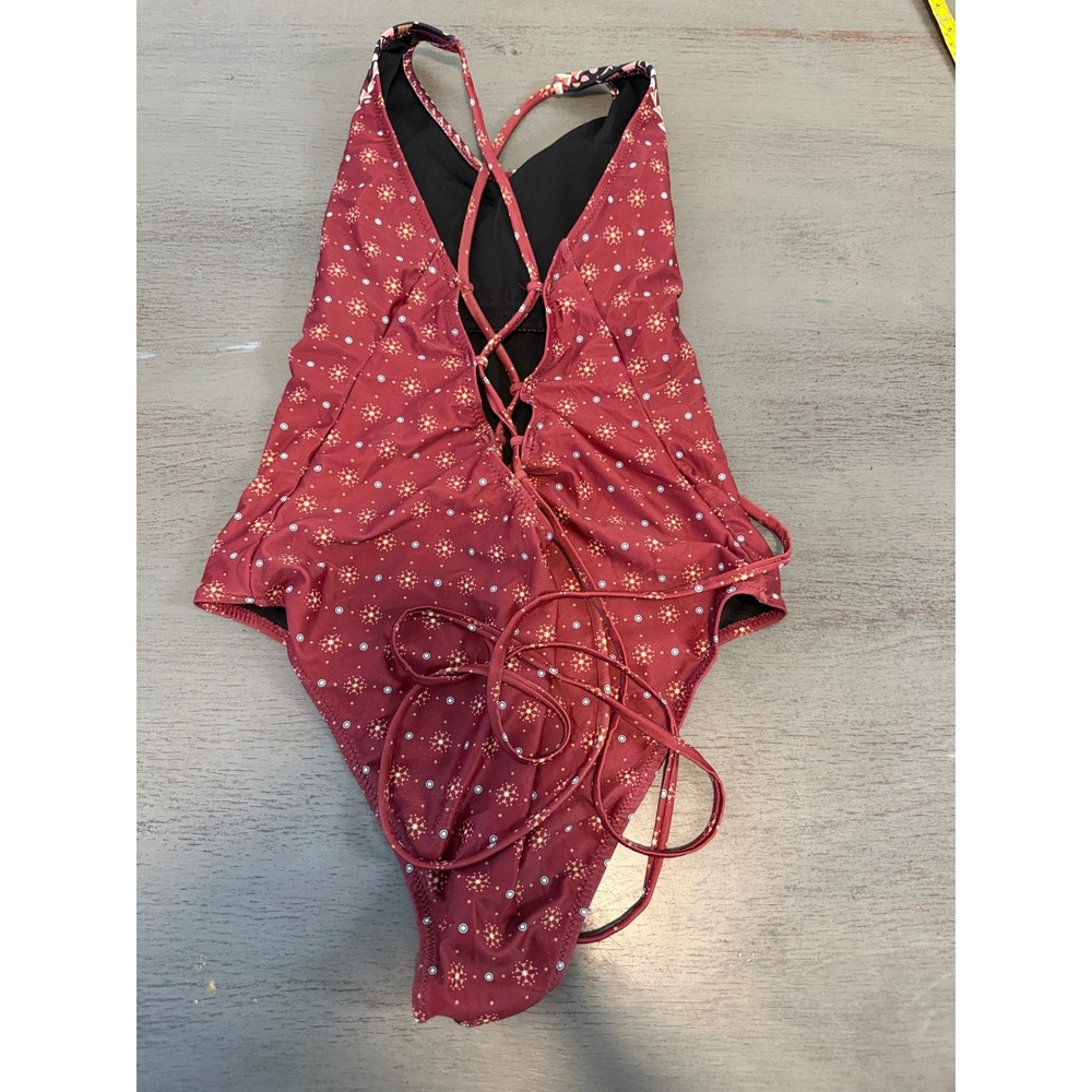 Cupshe Burgundy Geometric Print Lace Up Back One Piece Swimsuit Size L - Picture 2 of 4